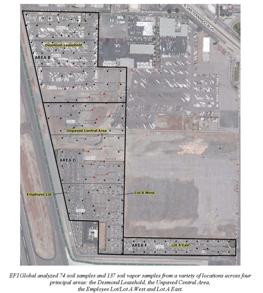 EFI Global analyzed 74 soil samples and 137 soil vapor samples from a variety of locations across four principal areas: the Desmond Leasehold, the Unpaved Central Area, the Employee Lot/Lot A West and Lot A East.